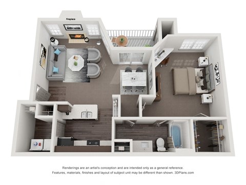 A 3D floor plan of a house with a kitchen, living room, and bathroom at Canyon Ridge, Austin, 78753